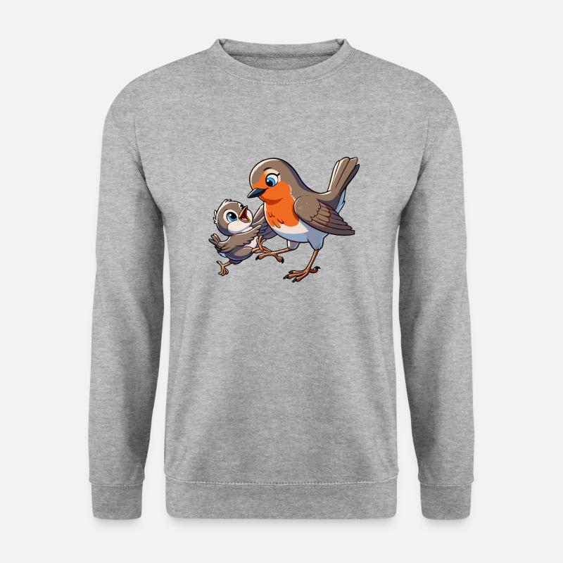 Rotkehlchen, Mutter und Kind beim Herumtollen - Unisex Pullover - Weißgrau meliert