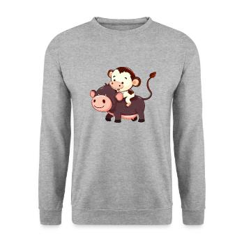 Monkey Riding on Cow Funny Animal Game Design - Unisex Sweatshirt - salt & pepper - Front - Alina (178cm) & Michal (187cm)