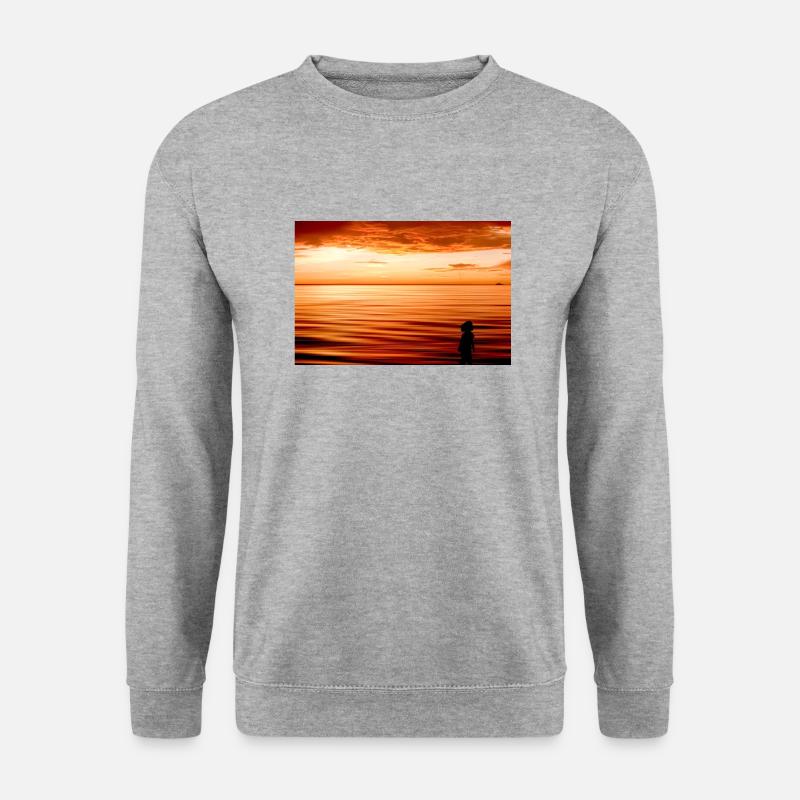 Silhouette am Strand bei Sonnenuntergang - Unisex Pullover - Weißgrau meliert
