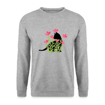 Frühlingsdesign - schwarze Katze im Blumenbeet - Unisex Pullover - Weißgrau meliert - Vorne - Alina (178cm) & Michal (187cm)