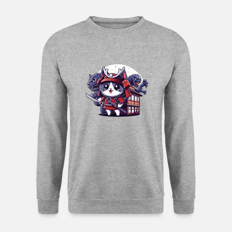 Samurai-Ninja-Katze hinter Monster und Dojo - Unisex Pullover - Weißgrau meliert