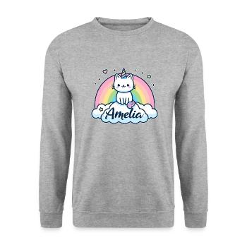 Amelia Name Vorname Einhornkatze - Unisex Pullover - Weißgrau meliert - Vorne - Alina (178cm) & Michal (187cm)