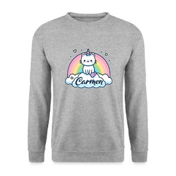 Carmen Name Vorname Einhornkatze - Unisex Pullover - Weißgrau meliert - Vorne - Alina (178cm) & Michal (187cm)