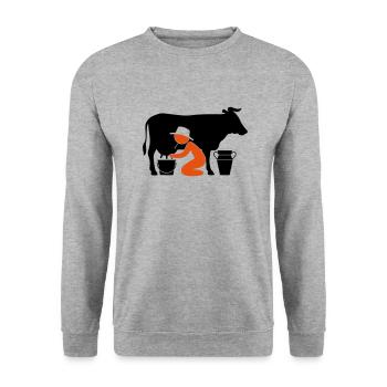 Bauer beim Melken einer Kuh - Unisex Pullover - Weißgrau meliert - Vorne - Alina (178cm) & Michal (187cm)