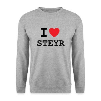 I love Steyr - Ich liebe Steyr Shirt - Unisex Pullover - Weißgrau meliert - Vorne - Alina (178cm) & Michal (187cm)