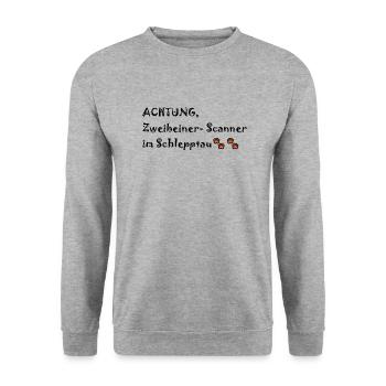 Zweibeiner-Scanner; Hund ist Menschenkenner - Unisex Pullover - Weißgrau meliert - Vorne - Alina (178cm) & Michal (187cm)