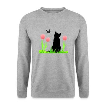 Frühlingsdesign - Katze, Tulpen, Schmetterling - Unisex Pullover - Weißgrau meliert - Vorne - Alina (178cm) & Michal (187cm)