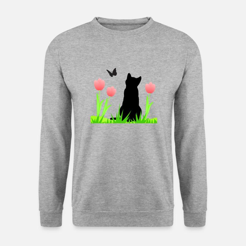 Frühlingsdesign - Katze, Tulpen, Schmetterling - Unisex Pullover - Weißgrau meliert