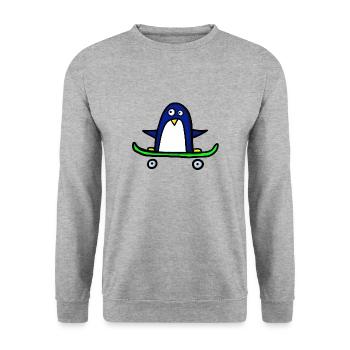 Pinguin fährt Skateboard - Unisex Pullover - Weißgrau meliert - Vorne - Alina (178cm) & Michal (187cm)