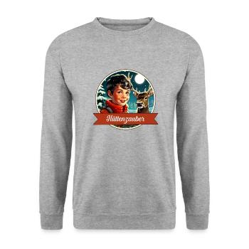 Gemütliches Aufwärmen auf der Alm - Hüttenzauber - Unisex Pullover - Weißgrau meliert - Vorne - Alina (178cm) & Michal (187cm)