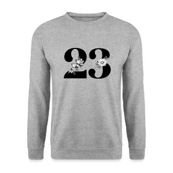 Nummer 23 Schwarze Blumen - 23. Blumenjubiläum - Unisex Pullover - Weißgrau meliert - Vorne - Alina (178cm) & Michal (187cm)