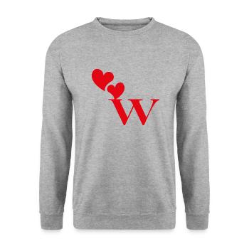 Buchstabe w Rotes Herz - Unisex Pullover - Weißgrau meliert - Vorne - Alina (178cm) & Michal (187cm)