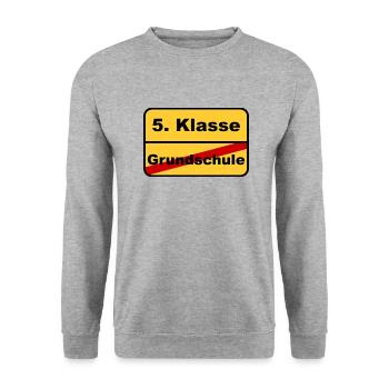 Goodbye Grundschule, hallo 5. Klasse - Ortsschild - Unisex Pullover - Weißgrau meliert - Vorne - Alina (178cm) & Michal (187cm)