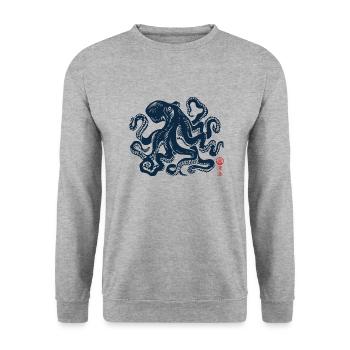 Oktopus mit Kanji - Unisex Pullover - Weißgrau meliert - Vorne - Alina (178cm) & Michal (187cm)