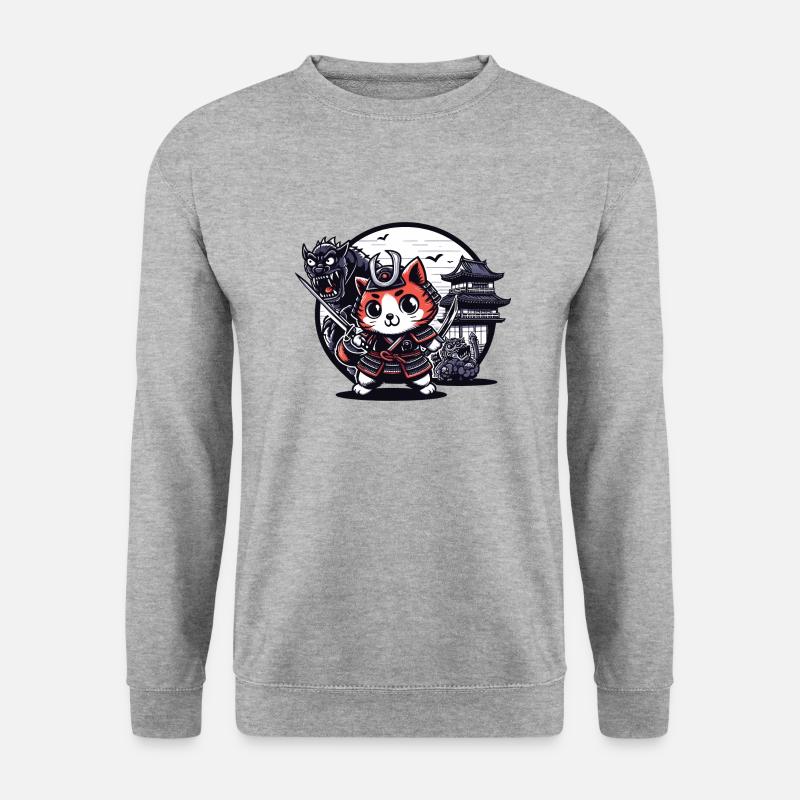 Samurai-Ninja-Katze hinter Monster und Dojo - Unisex Pullover - Weißgrau meliert