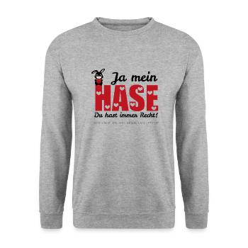 Mimikama Ja mein Hase, du hast immer Recht - Unisex Pullover - Weißgrau meliert - Vorne - Alina (178cm) & Michal (187cm)