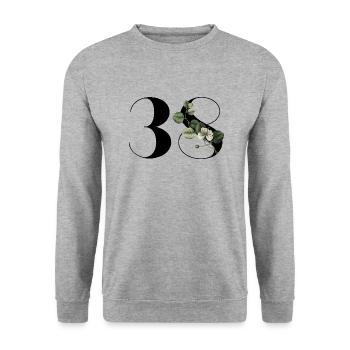 Nummer 38 Blumengrün - 38. Blumengeburtstag - Unisex Pullover - Weißgrau meliert - Vorne - Alina (178cm) & Michal (187cm)