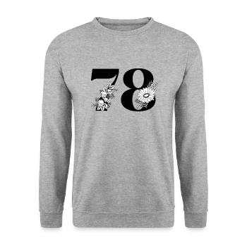 Nummer 78 Schwarze Blumen - 78. Blumengeburtstag - Unisex Pullover - Weißgrau meliert - Vorne - Alina (178cm) & Michal (187cm)