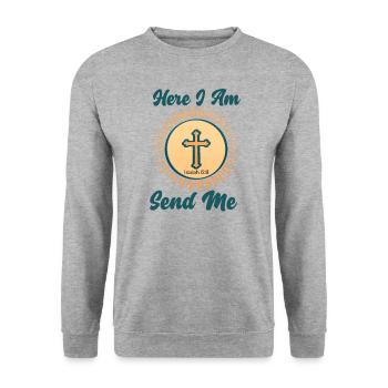 Hier bin ich, sende mir Jesaja 6,8 Bibellehrer - Unisex Pullover - Weißgrau meliert - Vorne - Alina (178cm) & Michal (187cm)