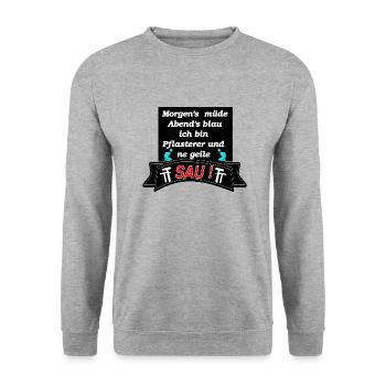 Morgens müde Abends Blau ich bin Plasterer - Unisex Pullover - Weißgrau meliert - Vorne - Alina (178cm) & Michal (187cm)