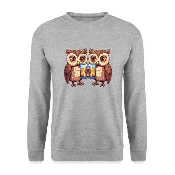 Eule Comic Bier Lustig Saufen - Unisex Pullover - Weißgrau meliert - Vorne - Alina (178cm) & Michal (187cm)