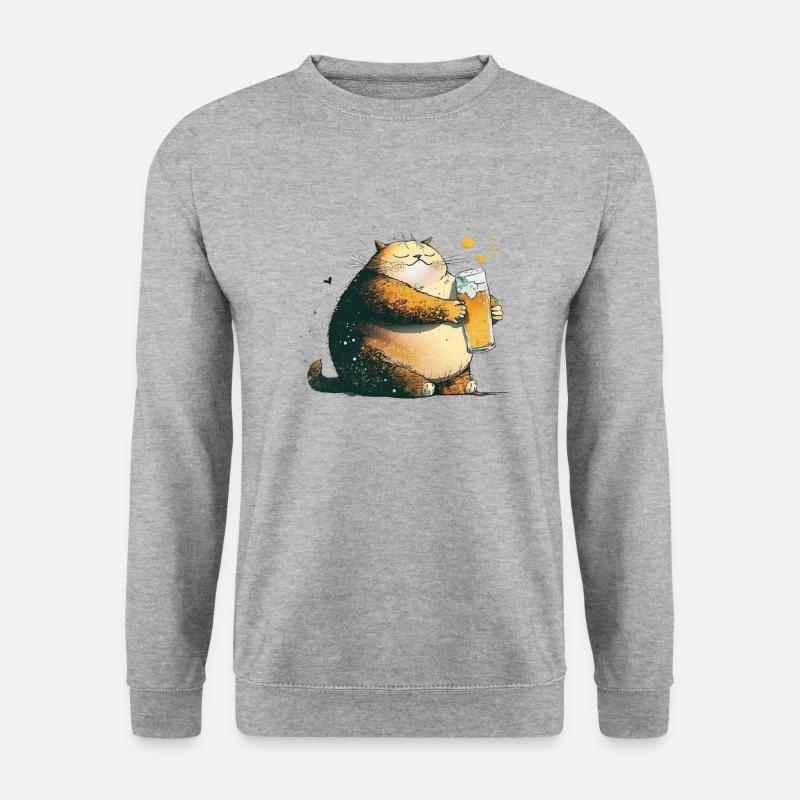 Zufriedene Katze mit Bier - Unisex Pullover - Weißgrau meliert