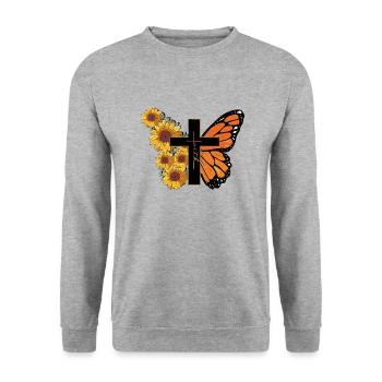 Schmetterling Blume Motivationsspruch Spruch Frau - Unisex Pullover - Weißgrau meliert - Vorne - Alina (178cm) & Michal (187cm)