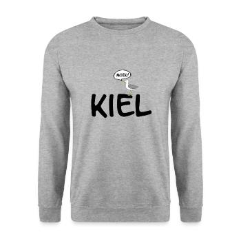 Möwe Pipsch auf Kiel Logo (schwarz) - Unisex Pullover - Weißgrau meliert - Vorne - Alina (178cm) & Michal (187cm)