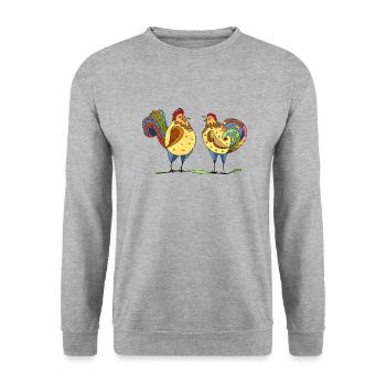 Hahn und Henne - Unisex Pullover - Weißgrau meliert - Vorne - Alina (178cm) & Michal (187cm)