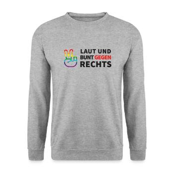 Laut und bunt gegen rechts - Unisex Pullover - Weißgrau meliert - Vorne - Alina (178cm) & Michal (187cm)