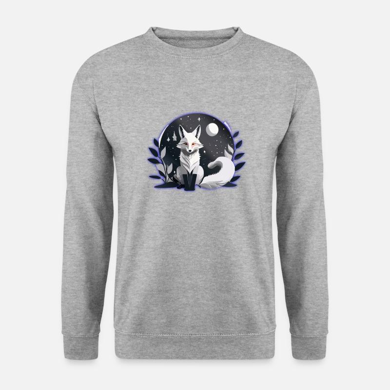 Mystischer Weißfuchs – Nacht & Mond Design - Unisex Pullover - Weißgrau meliert