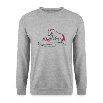 Springpferd mit Hund - Unisex Pullover - Weißgrau meliert - Vorne - Alina (178cm) & Michal (187cm)
