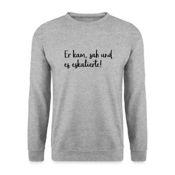 Er kam, sah und es eskalierte! - Unisex Pullover - Weißgrau meliert - Vorne - Alina (178cm) & Michal (187cm)