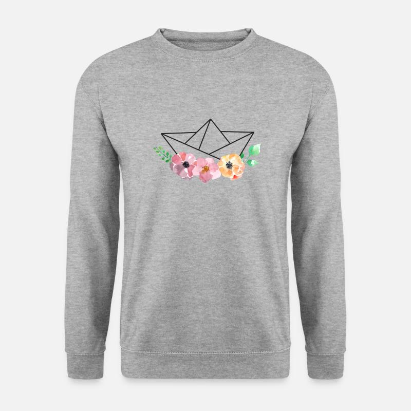 Papierschiff mit Aquarell Blumen - Unisex Pullover - Weißgrau meliert