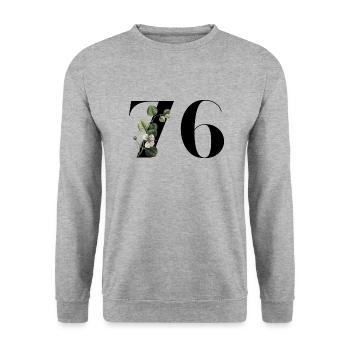 Nummer 76 Blumengrün - 76. Blumengeburtstag - Unisex Pullover - Weißgrau meliert - Vorne - Alina (178cm) & Michal (187cm)