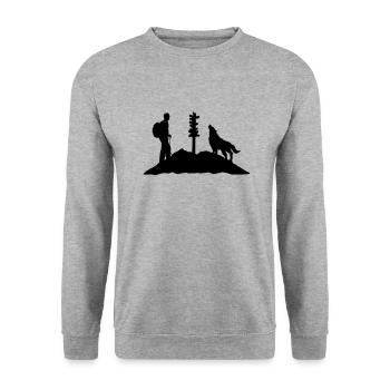 Wandern, Wanderer, Wolf und Berg - Unisex Pullover - Weißgrau meliert - Vorne - Alina (178cm) & Michal (187cm)