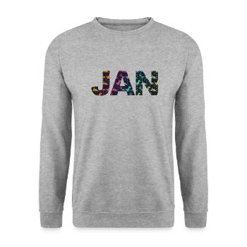 JAN - Schöner Jungen Name mit Dinosaurier - Unisex Pullover - Weißgrau meliert - Vorne - Alina (178cm) & Michal (187cm)