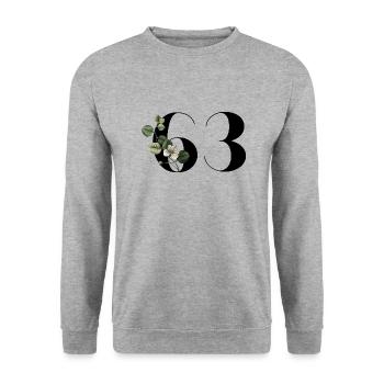 Nummer 63 Blumengrün - 63. Blumengeburtstag - Unisex Pullover - Weißgrau meliert - Vorne - Alina (178cm) & Michal (187cm)