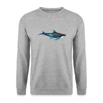 Blau und grau farbiger Hai einfaches Design - Unisex Pullover - Weißgrau meliert - Vorne - Alina (178cm) & Michal (187cm)