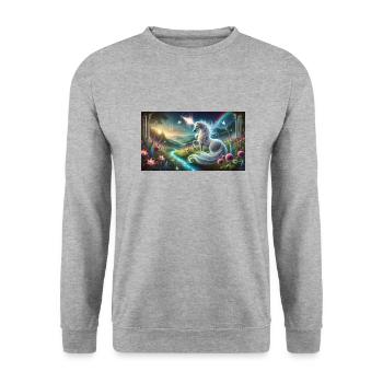 Ein mystisches Einhorn mit leuchtendem Horn - Unisex Pullover - Weißgrau meliert - Vorne - Alina (178cm) & Michal (187cm)