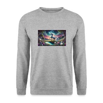 Ein mystisches Einhorn mit Aurora Boreralis - Unisex Pullover - Weißgrau meliert - Vorne - Alina (178cm) & Michal (187cm)