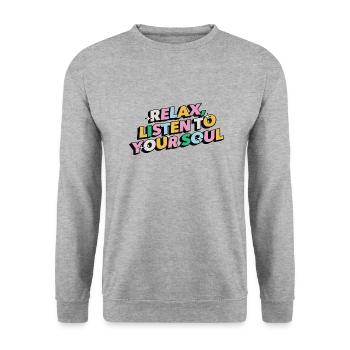 Entspannen Sie sich, hören Sie auf Ihre Seele - Unisex Pullover - Weißgrau meliert - Vorne - Alina (178cm) & Michal (187cm)