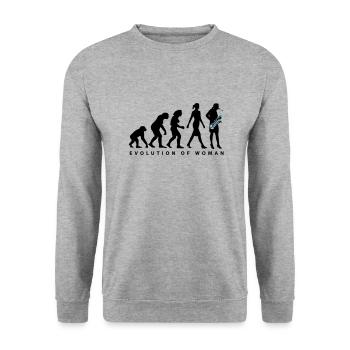 Evolution der Frau Saxophon Spielerin - Unisex Pullover - Weißgrau meliert - Vorne - Alina (178cm) & Michal (187cm)