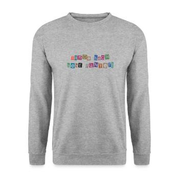 Hände hoch – Hosen runter! Freches Collagen-Design - Unisex Pullover - Weißgrau meliert - Vorne - Alina (178cm) & Michal (187cm)