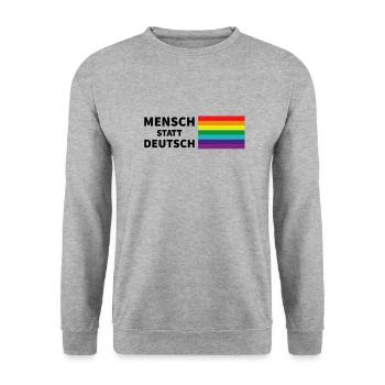 Mensch statt deutsch Spruch Pride Flagge - Unisex Pullover - Weißgrau meliert - Vorne - Alina (178cm) & Michal (187cm)