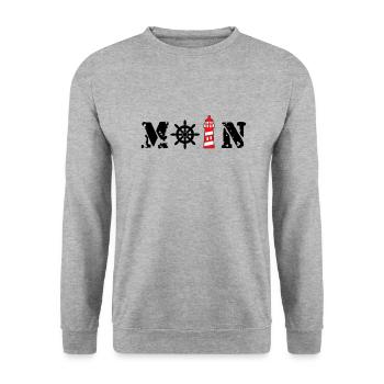Moin mit Leuchtturm und Steuerrad - Unisex Pullover - Weißgrau meliert - Vorne - Alina (178cm) & Michal (187cm)