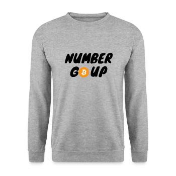 Krypto Number Go Up BTC Bitcoin - Unisex Pullover - Weißgrau meliert - Vorne - Alina (178cm) & Michal (187cm)