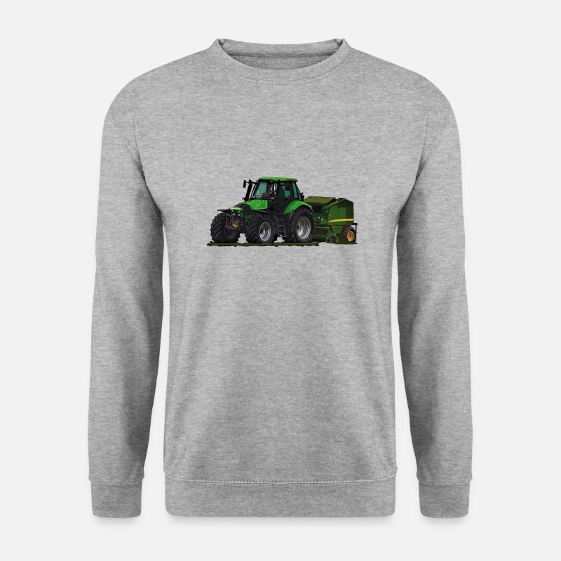 Hellgrüner Traktor mit Ballenpresse - Unisex Pullover - Weißgrau meliert