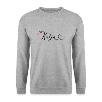 Katja Name Vorname Kalligrafieherz - Unisex Pullover - Weißgrau meliert - Vorne - Alina (178cm) & Michal (187cm)