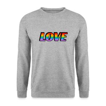 Regenbogen-Text LOVE LGBT Pride Month - Unisex Pullover - Weißgrau meliert - Vorne - Alina (178cm) & Michal (187cm)